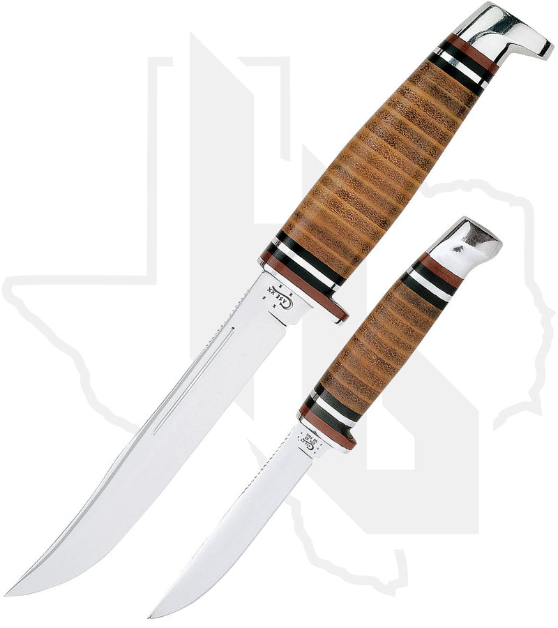 W.R. Case Leather Hunter Two Knife Hunting Set w/ Leather Sheath 00372  - Stacked Leather Handles (M3FINN SS & 316-5 SS)