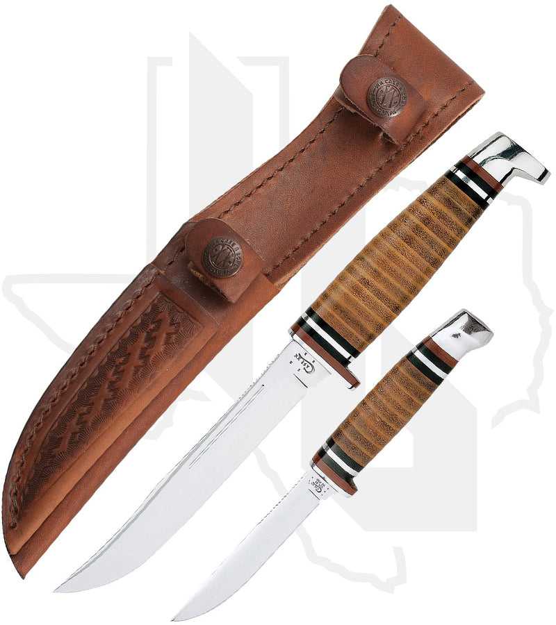 W.R. Case Leather Hunter Two Knife Hunting Set w/ Leather Sheath 00372  - Stacked Leather Handles (M3FINN SS & 316-5 SS)