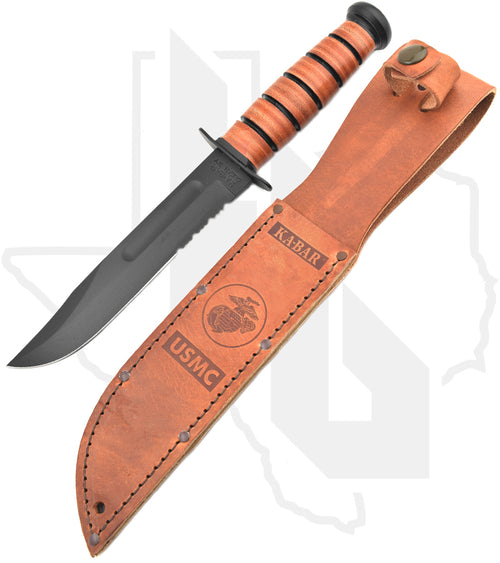 KA-BAR USMC Fighting/Utility Knife 1218 - Brown Leather, Serrated Edge