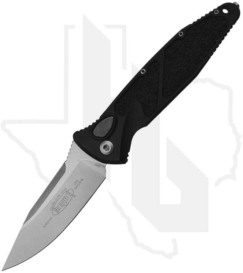 Microtech Socom Elite Auto 160A-10 - Single Edge, Stonewashed, Black Aluminum