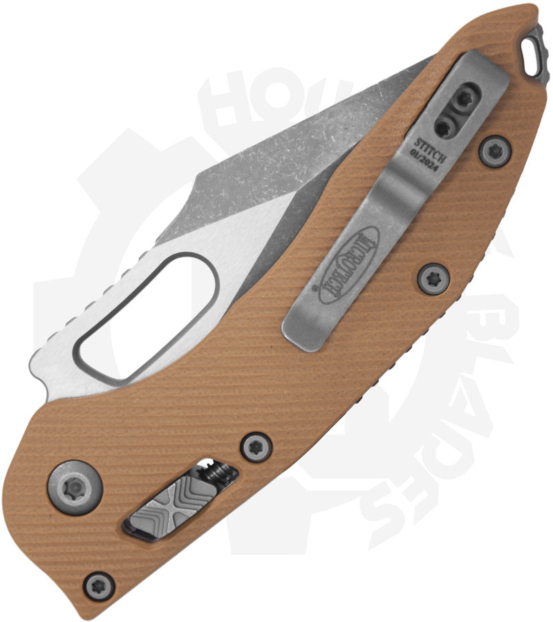 Microtech Stitch 169RL-10APFLGTTA - Single Edge, Apocalyptic, Fluted, G-10, Tan