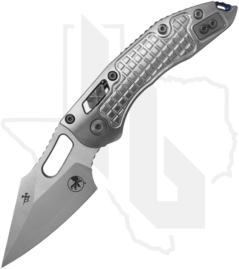 Microtech Marfione Select Stitch 169RL-10FRMS2 - Ram-Lock, Frag Pattern Titanium, Stonewash, Blue Accents, Double Vapor Blast