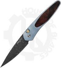 Pro-Tech Custom Newport 2024-NEWPORT-CUSTOM-003 - Blue Titanium, Desert Iron Wood Inlay, Spirograph Damascus, Mosaic Pin Button