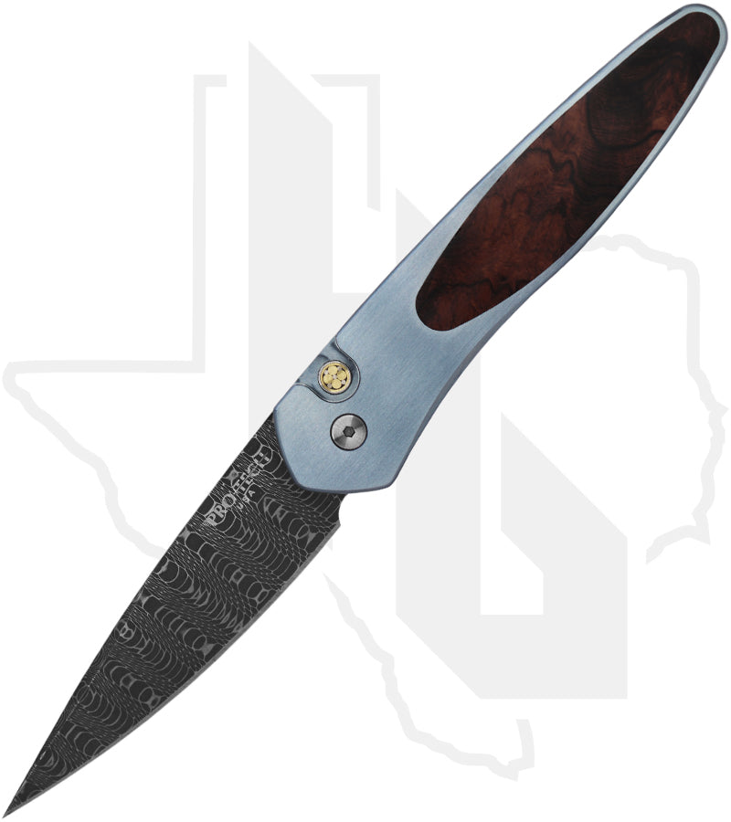 Pro-Tech Custom Newport 2024-NEWPORT-CUSTOM-003 - Blue Titanium, Desert Iron Wood Inlay, Spirograph Damascus, Mosaic Pin Button