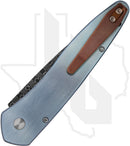 Pro-Tech Custom Newport 2024-NEWPORT-CUSTOM-003 - Blue Titanium, Desert Iron Wood Inlay, Spirograph Damascus, Mosaic Pin Button