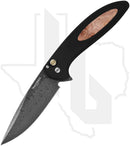 Pro-Tech Custom Cambria 2025-CAMBRIA-CUSTOM-005 - Black Aluminum, Maple Burl Inlay, Ladder Damascus, Mosaic Pin Button