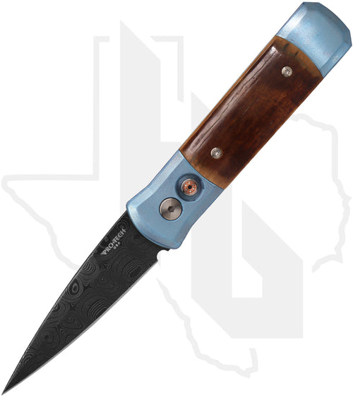 Pro-Tech Custom Godson 2025-GODSON-CUSTOM-004 - Blue Titanium, Bark Mastodon Inlays, Virus Damascus, Mosaic Pin Button
