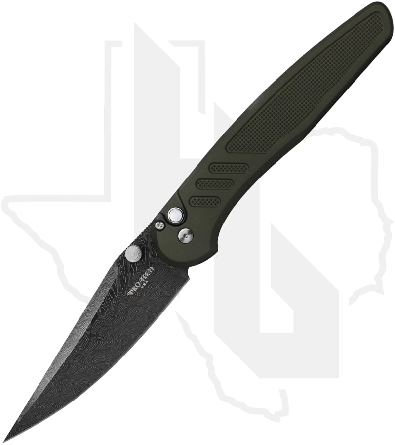 Pro-Tech Custom Peace Neighbor Avalon 2026-AVALON-CUSTOM-003 - Green Knurled Aluminum, Boomerang Damascus, White Pearl Button