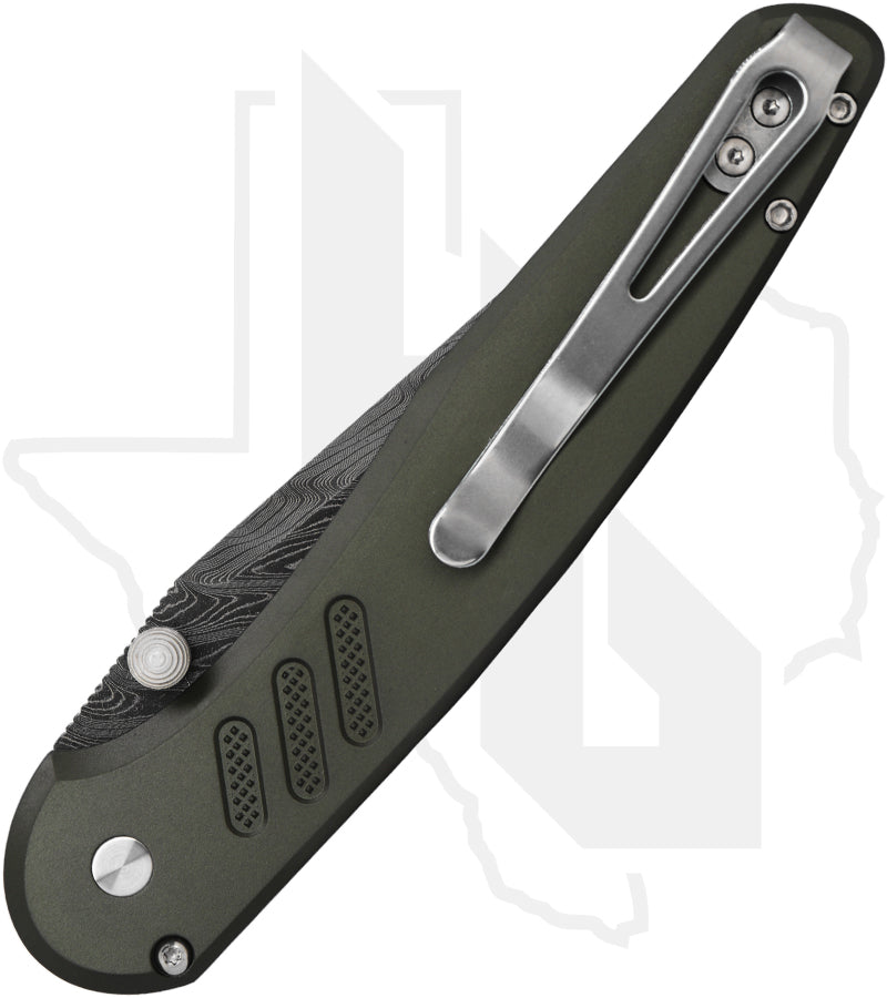 Pro-Tech Custom Peace Neighbor Avalon 2026-AVALON-CUSTOM-003 - Green Knurled Aluminum, Boomerang Damascus, White Pearl Button