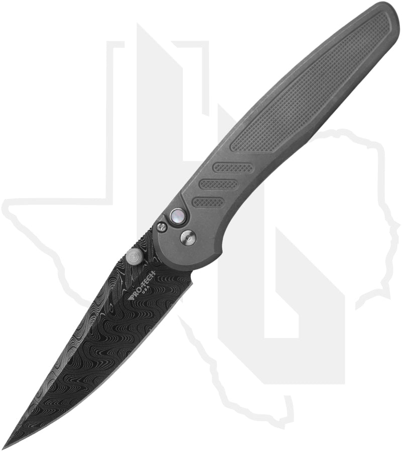 Pro-Tech Custom Peace Neighbor Avalon 2026-AVALON-CUSTOM-005 - Knurled Stainless Steel, Boomerang Damascus, Black Lip Pearl Button