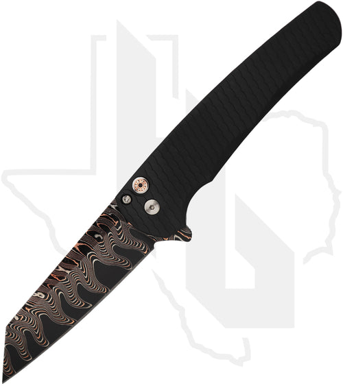 Pro-Tech Custom Malibu 2026-MALIBU-CUSTOM-004 - Black Dragon Scale Aluminum, Coppermai Ripple Damascus, Mosaic Pin Button