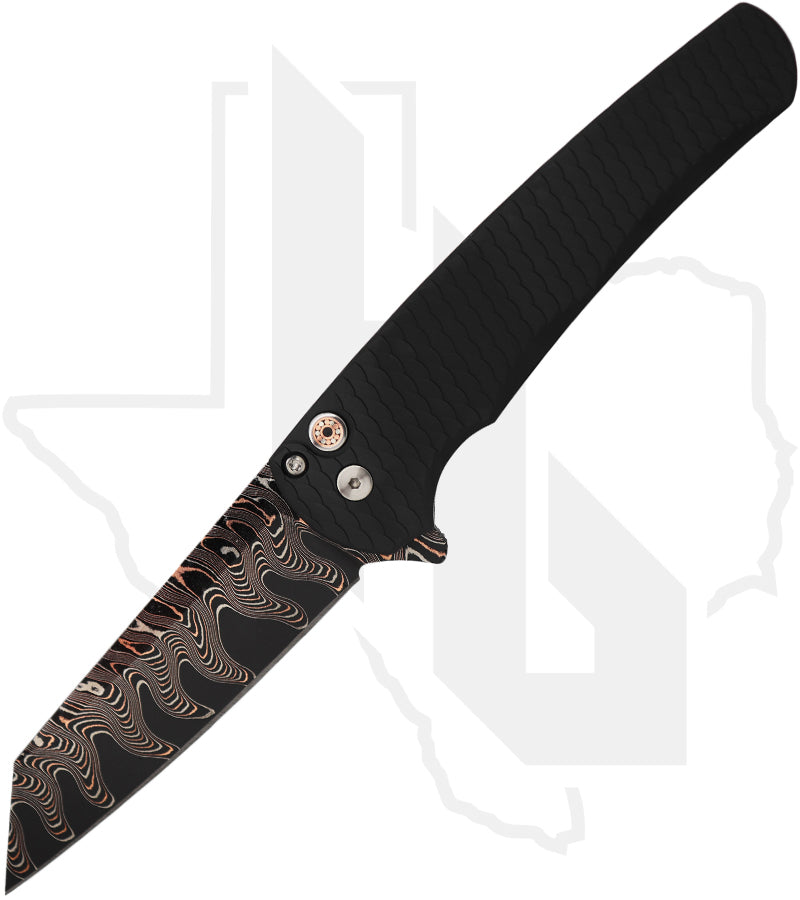 Pro-Tech Custom Malibu 2026-MALIBU-CUSTOM-004 - Black Dragon Scale Aluminum, Coppermai Ripple Damascus, Mosaic Pin Button