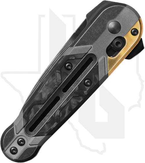 Benchmade Gold Class Lowden 491BK-261 - DLC Titanium, Marbled Carbon Fiber Onlay, Polished Brass Bolster, DLC Drakkar Damasteel