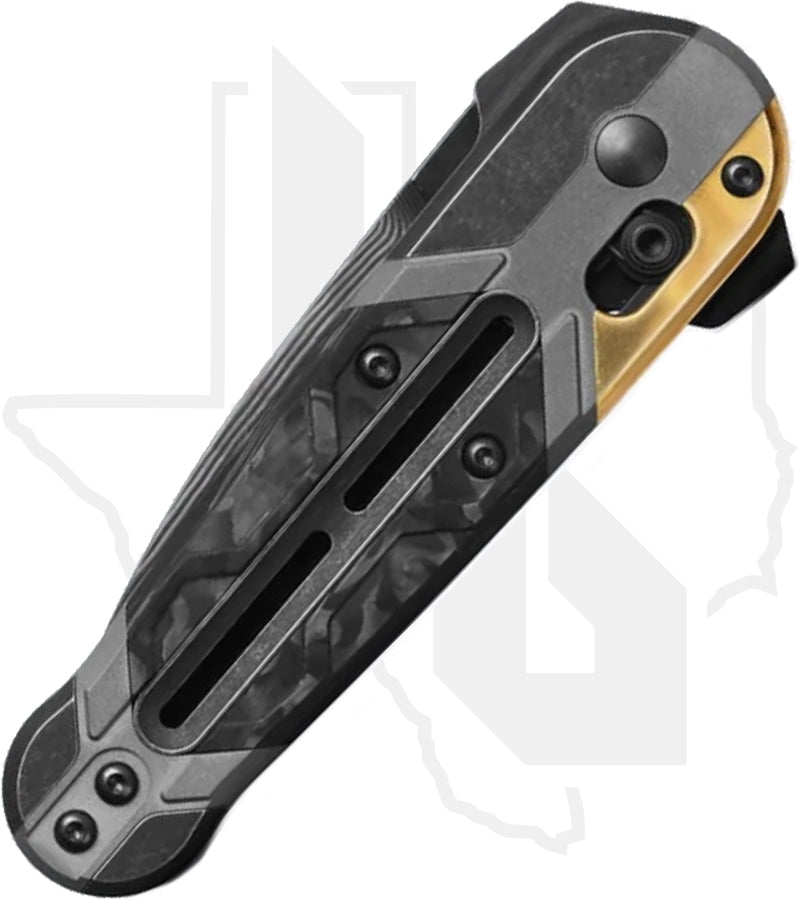 Benchmade Gold Class Lowden 491BK-261 - DLC Titanium, Marbled Carbon Fiber Onlay, Polished Brass Bolster, DLC Drakkar Damasteel
