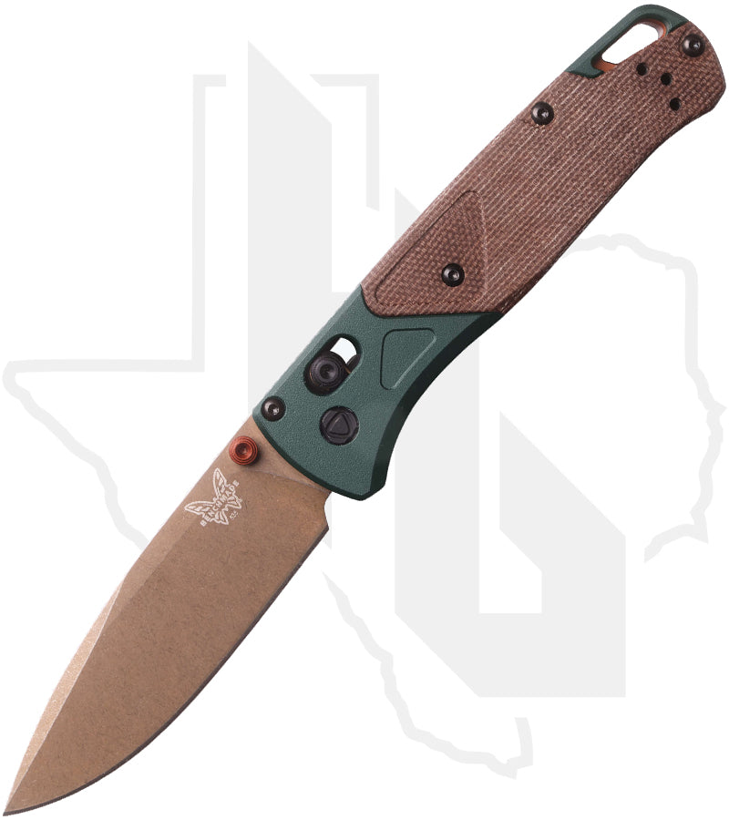 Benchmade Blue Class Bugout 535FE-2602 - Taiga Green Aluminum, Brown Canvas Micarta Overlays, FDE Battlewashed PVD