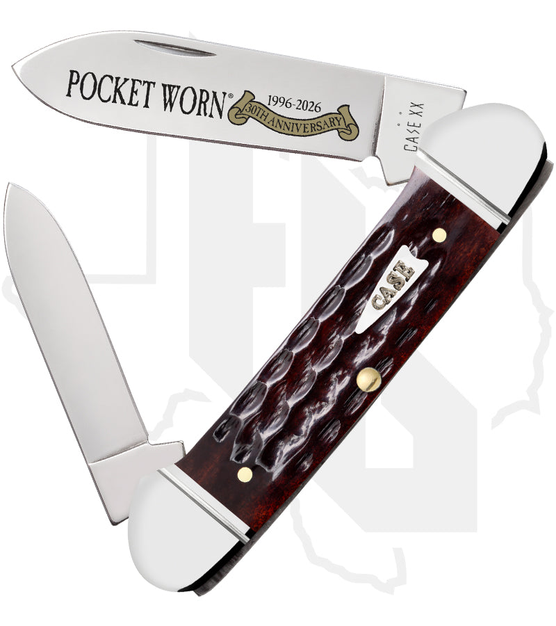 W.R. Case Canoe 55235 - Pocket Worn, Mahogany Bone, Corn Cob Jig, Fluted Bolsters (62131 SS)