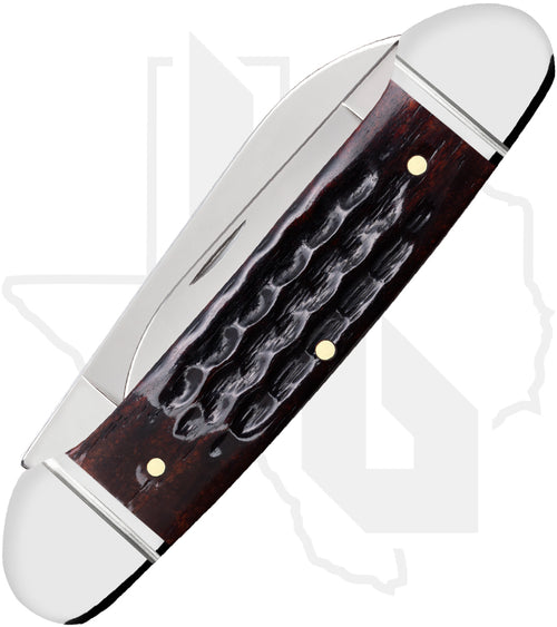 W.R. Case Canoe 55235 - Pocket Worn, Mahogany Bone, Corn Cob Jig, Fluted Bolsters (62131 SS)