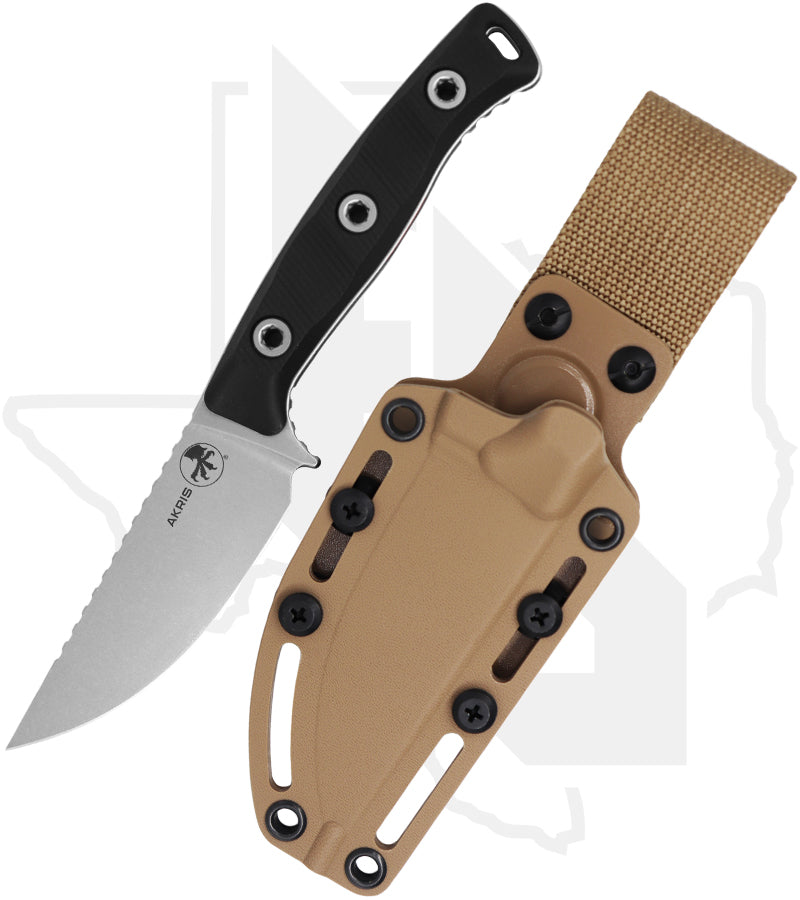 Microtech Akris 95-10BK-6 - Single Edge, Stonewashed, Black G-10, Tan Kydex Sheath