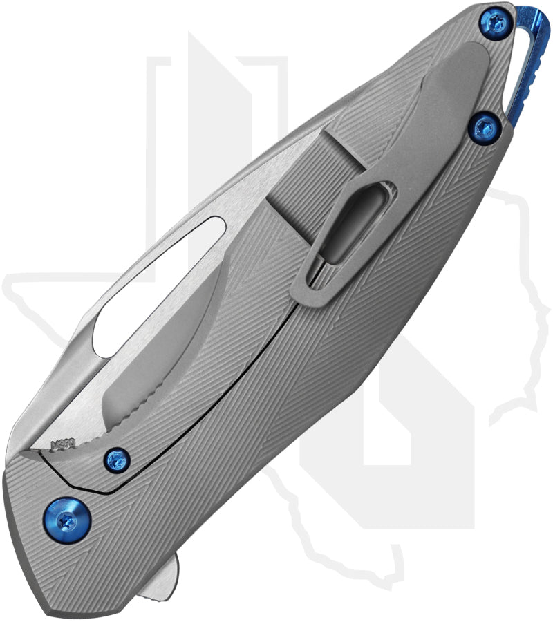 Koenig Knives Arius - Standard Pattern Titanium, Burnished w/ Polished Flats, Blue Hardware & Spacer
