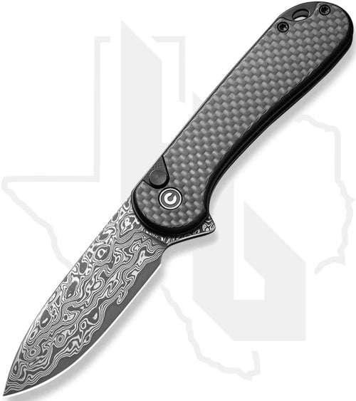 CIVIVI Button Lock Elementum II C18062PB-DS1 - Black G-10, Twill Carbon Fiber, Damascus