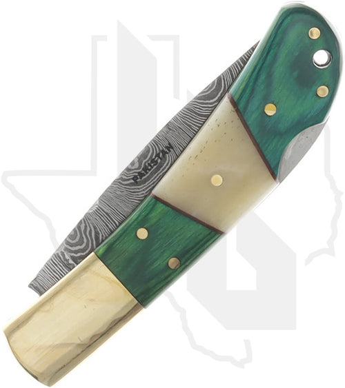 SZCO Lockback DM-1169 - Green Pakkawood, Bone, Damascus