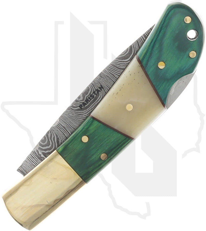 SZCO Lockback DM-1169 - Green Pakkawood, Bone, Damascus