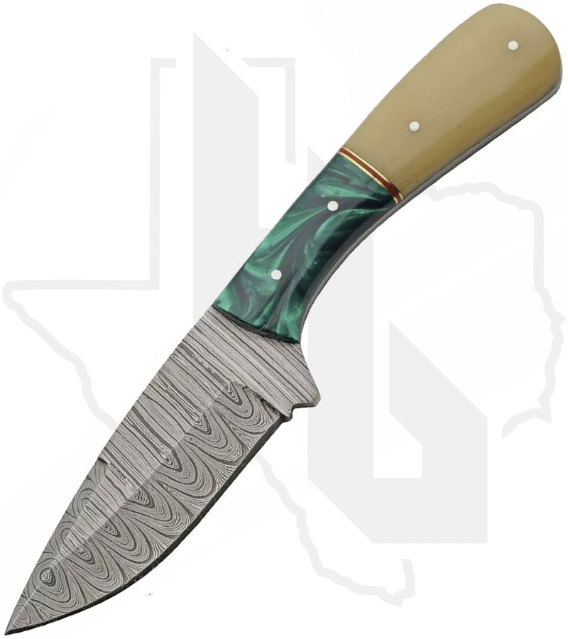 SZCO 8.5" Emerald Bone Skinner DM-1370GN - Camel Bone, Acrylic, Damascus