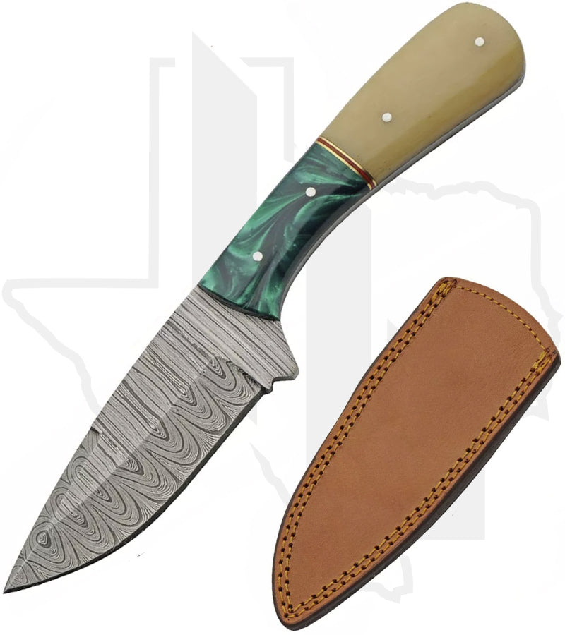 SZCO 8.5" Emerald Bone Skinner DM-1370GN - Camel Bone, Acrylic, Damascus