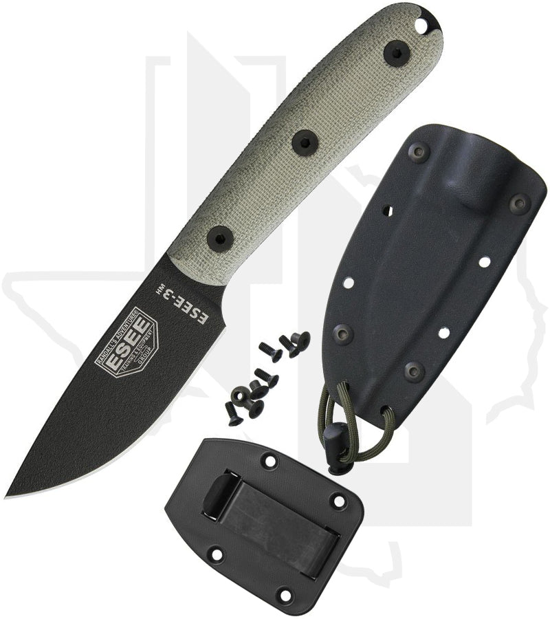 ESEE Knives ESEE-3 ESEE-3HM-K - Green Micarta, Black Powder Coat