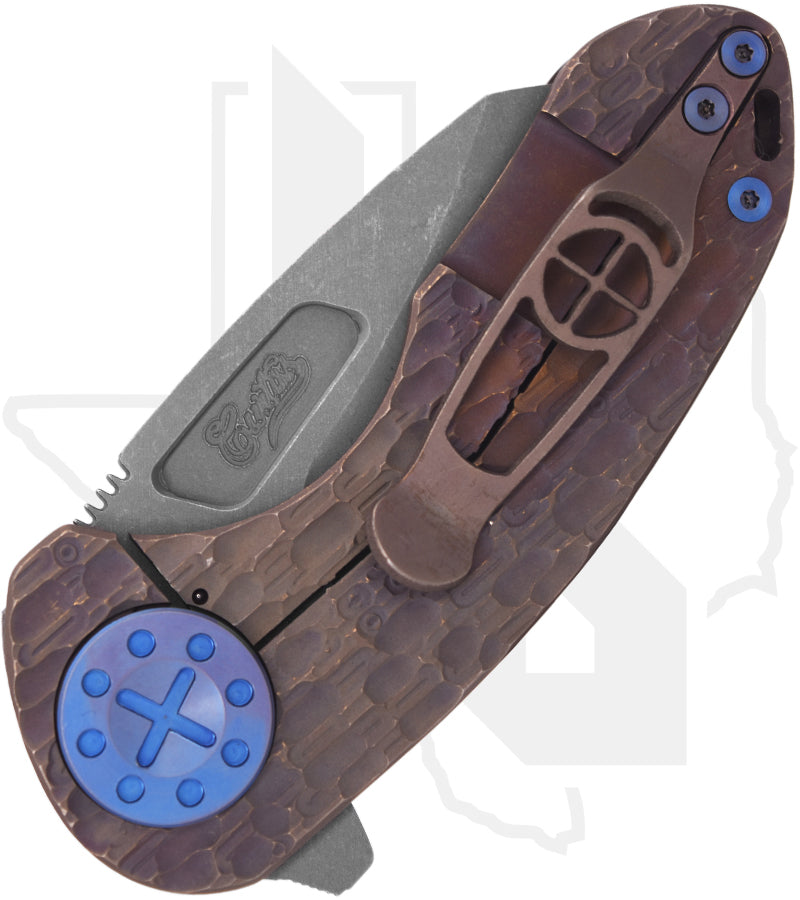 Curtiss Custom Knives F3 Compact - Root Beer/Bronze FJ-Mill Titanium , Blasted & Tumbled Wharncliffe, Blue Titanium Hardware (Pre-Owned)