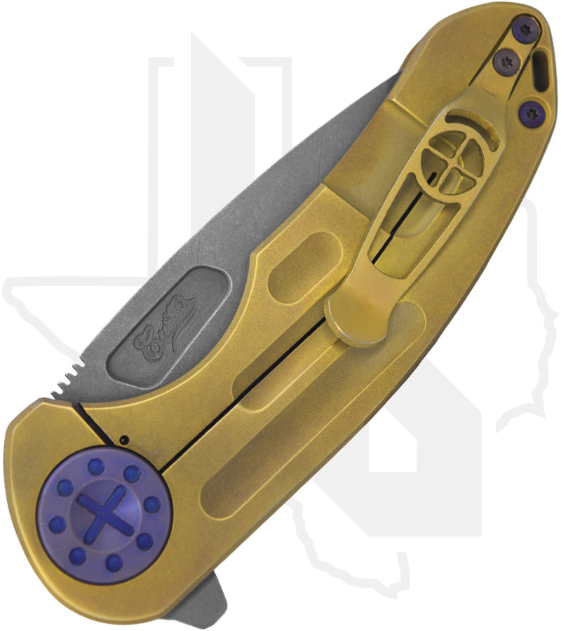 Curtiss Custom Knives F3 Medium - Yellow Ball-Mill Titanium, Blasted & Tumbled Spanto, Blurple Titanium Hardware (Pre-Owned)