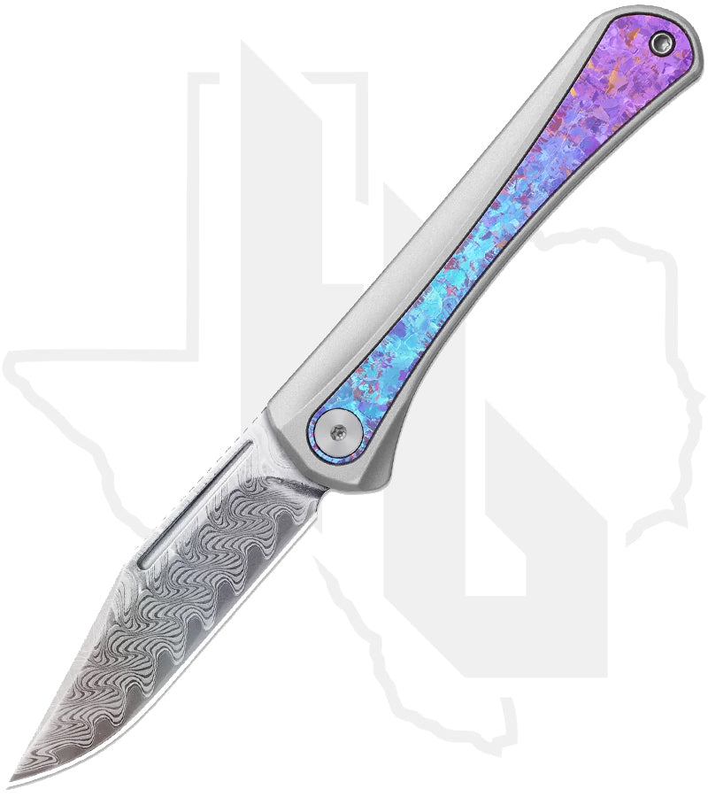 Kizer Melody KI3732A1 - Aluminum, Blue & Purple Crystallized Titanium Inlays, Acid Washed Damascus