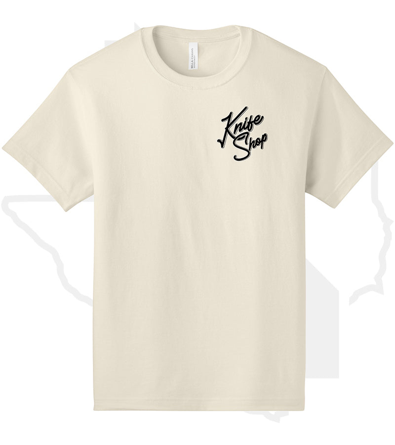 House of Blades T-Shirt "Knife Shop" Text Design - Vintage White