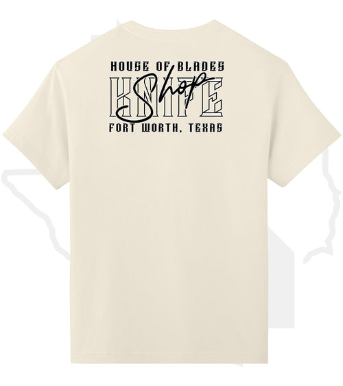 House of Blades T-Shirt "Knife Shop" Text Design - Vintage White