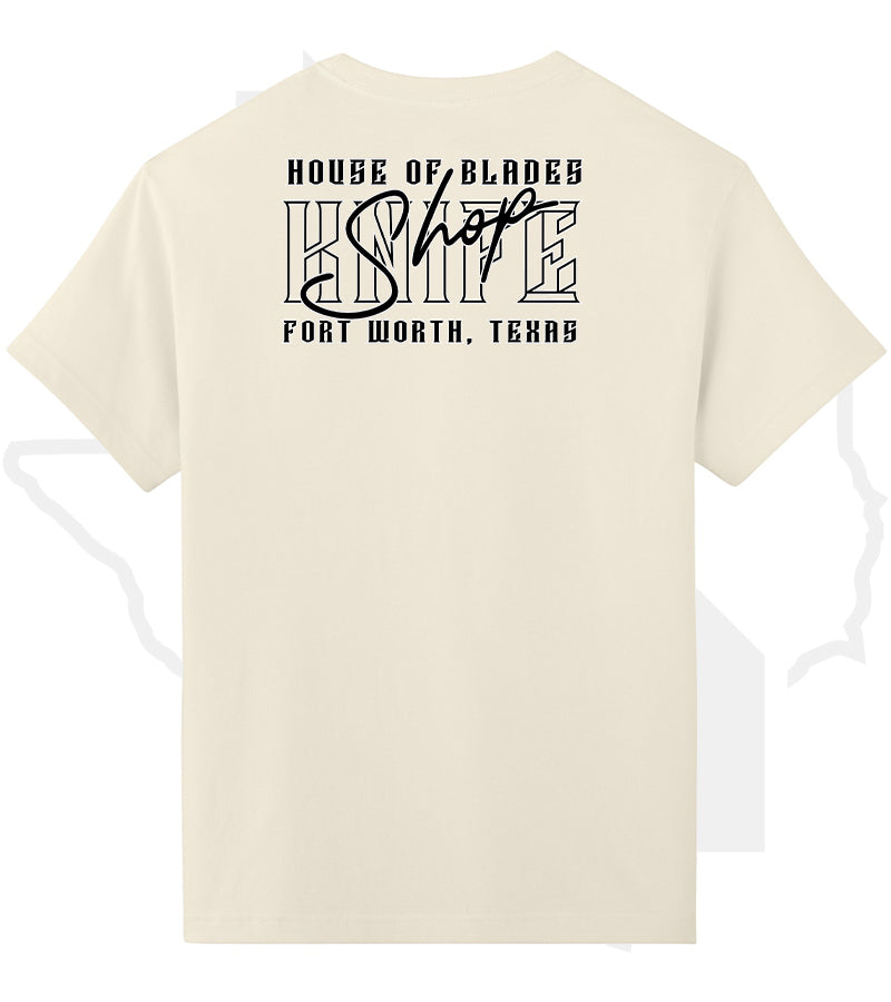 House of Blades T-Shirt "Knife Shop" Text Design - Vintage White