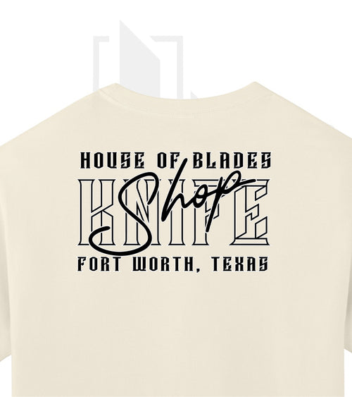House of Blades T-Shirt "Knife Shop" Text Design - Vintage White