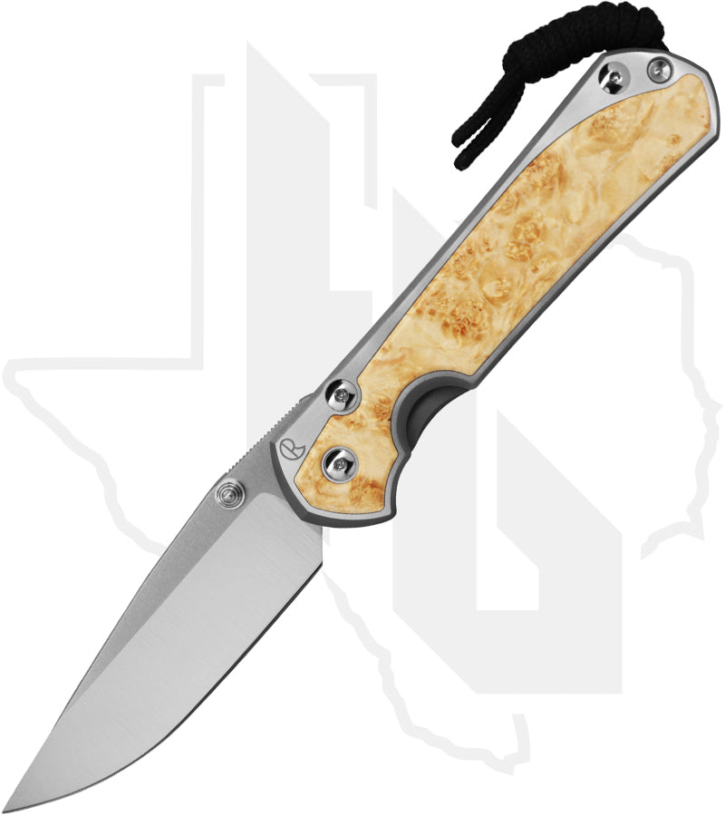 Chris Reeve Knives Large Sebenza L31-1628-002 - Polished Drop Point, Polished/Glass Blasted Titanium, Box Elder Inlay, Silver Hardware