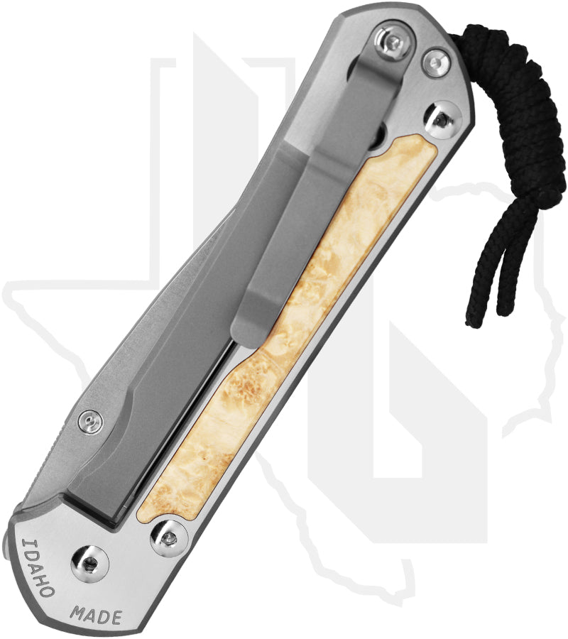 Chris Reeve Knives Large Sebenza L31-1628-002 - Polished Drop Point, Polished/Glass Blasted Titanium, Box Elder Inlay, Silver Hardware