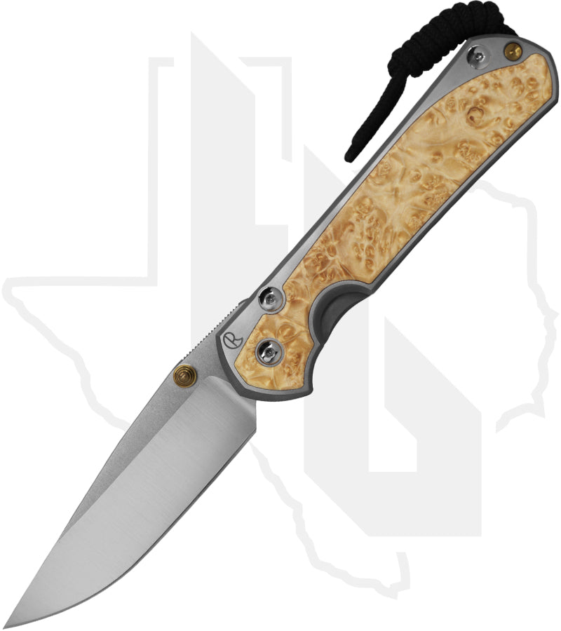 Chris Reeve Knives Large Sebenza 31 L31-1628 - Polished Drop Point, Polished/Glass Blasted Titanium, Box Elder Inlay, Gold Hardware