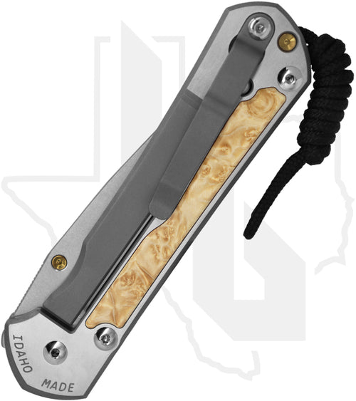 Chris Reeve Knives Large Sebenza 31 L31-1628 - Polished Drop Point, Polished/Glass Blasted Titanium, Box Elder Inlay, Gold Hardware