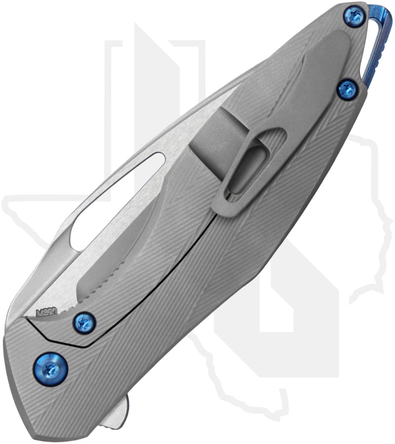 Koenig Knives Mini Arius - Standard Pattern Titanium, Burnished w/ Polished Flats, Blue Hardware & Spacer