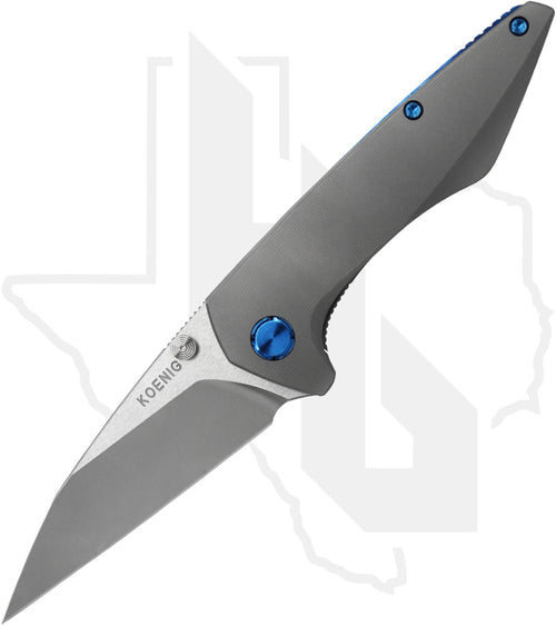 Koenig Knives Mini Goblin - Thumb Studs, Smooth Titanium, Burnished w/ Polished Flats, Blue Hardware & Spacer
