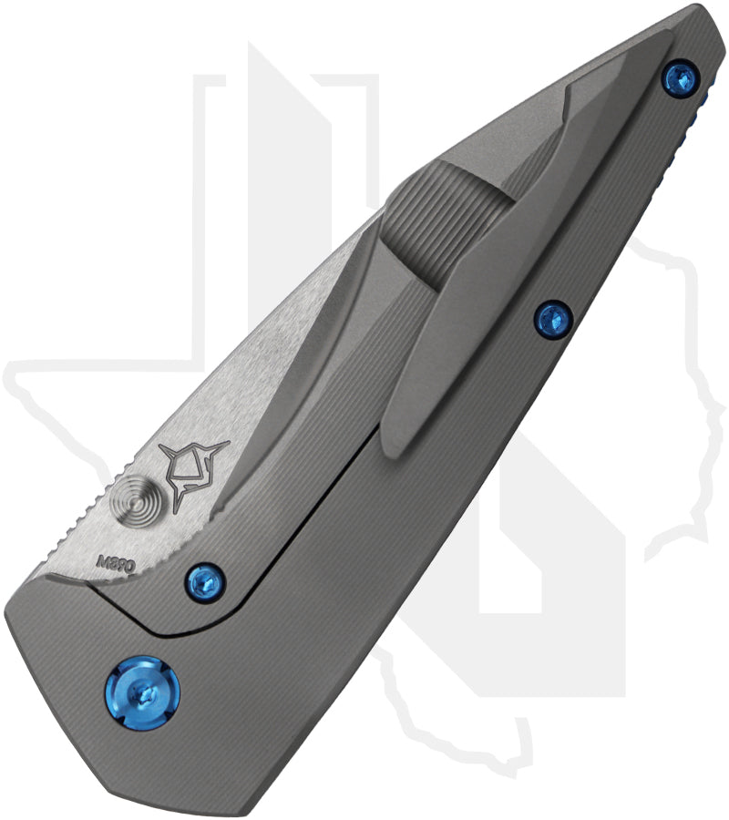 Koenig Knives Mini Goblin - Thumb Studs, Smooth Titanium, Burnished w/ Polished Flats, Blue Hardware & Spacer