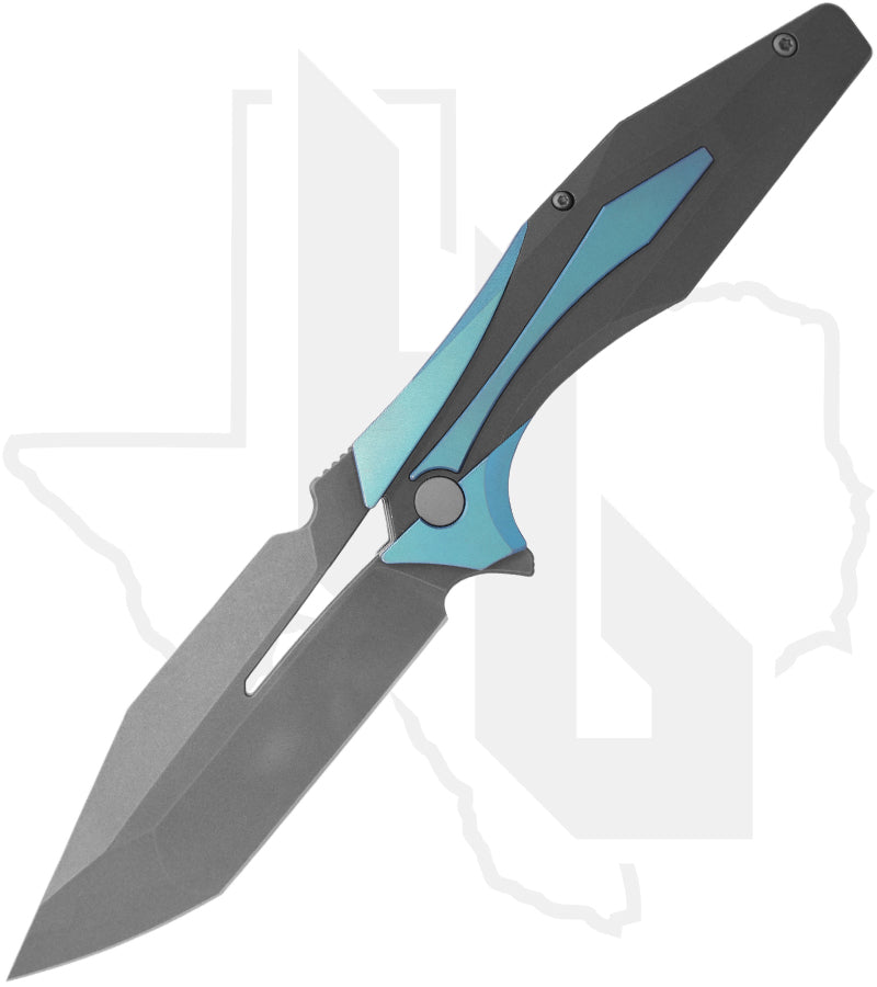 Arcane Design The Plexus PLEX-BLU-SW - Blue Anodized/Stonewashed Titanium, Stonewashed Japanese Tanto