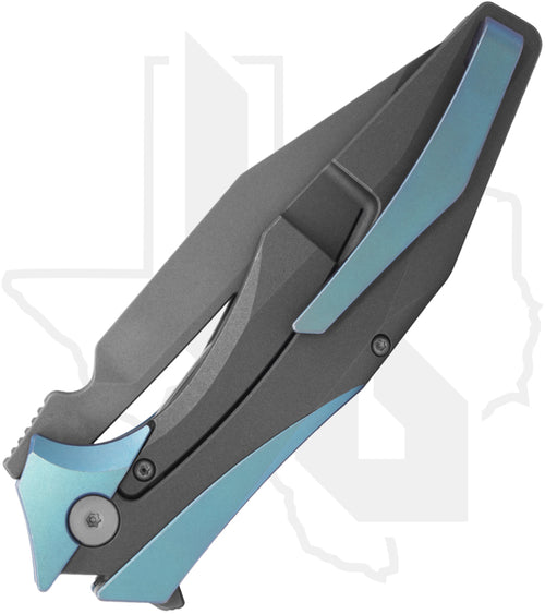 Arcane Design Plexus Plex Blu SW folding knife showing alternate angle of blue handle and stonewash blade