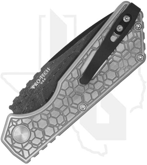 Pro-Tech Custom Strider PT+ PT+-CUSTOM-003 - Gridlock Pattern Stainless Steel, Herringbone Damascus, Black Lip Pearl Button