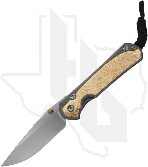 Chris Reeve Knives Small Sebenza 31 S31-1108 - Stonewashed Drop Point, Glass Blasted Titanium, Box Elder Inlay, Gold Hardware