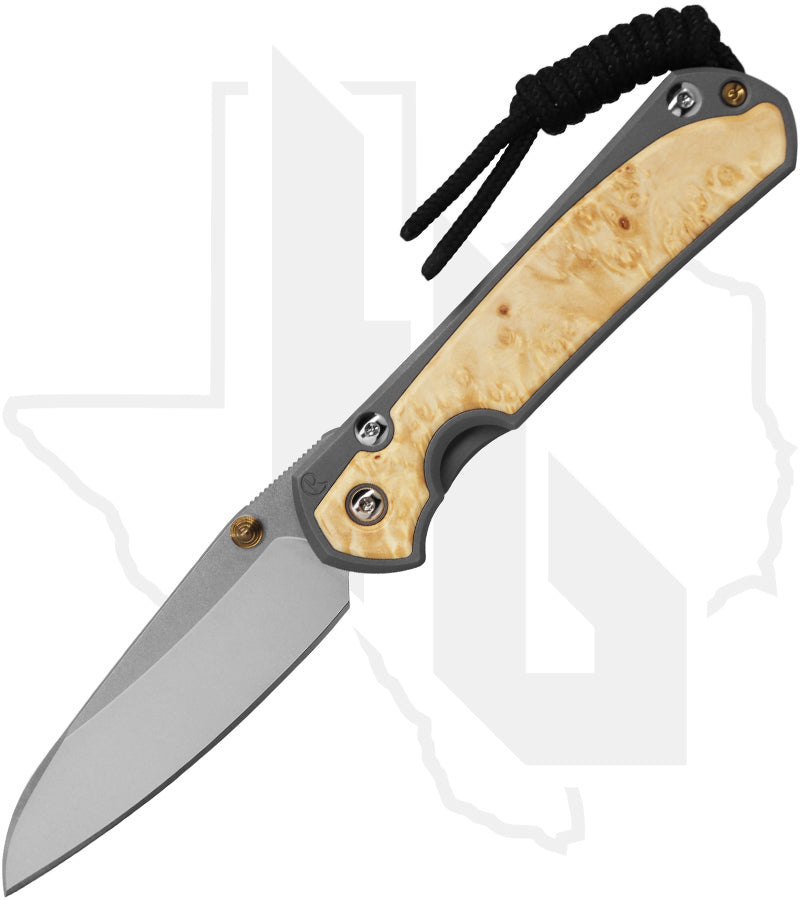 Chris Reeve Knives Small Sebenza 31 S31-1126 - Stonewashed Insingo, Glass Blasted Titanium, Box Elder Inlay, Gold Hardware