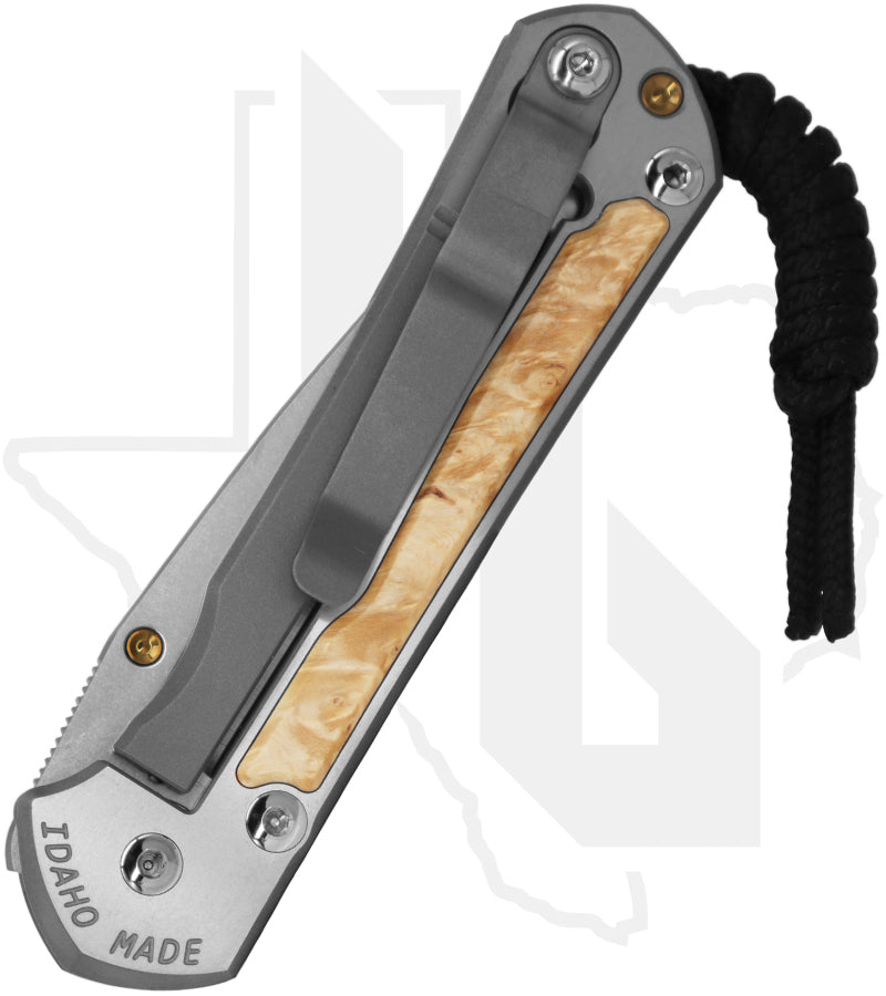Chris Reeve Knives Small Sebenza S31-1628 - Polished Drop Point, Polished/Glass Blasted Titanium, Box Elder Inlay, Gold Hardware