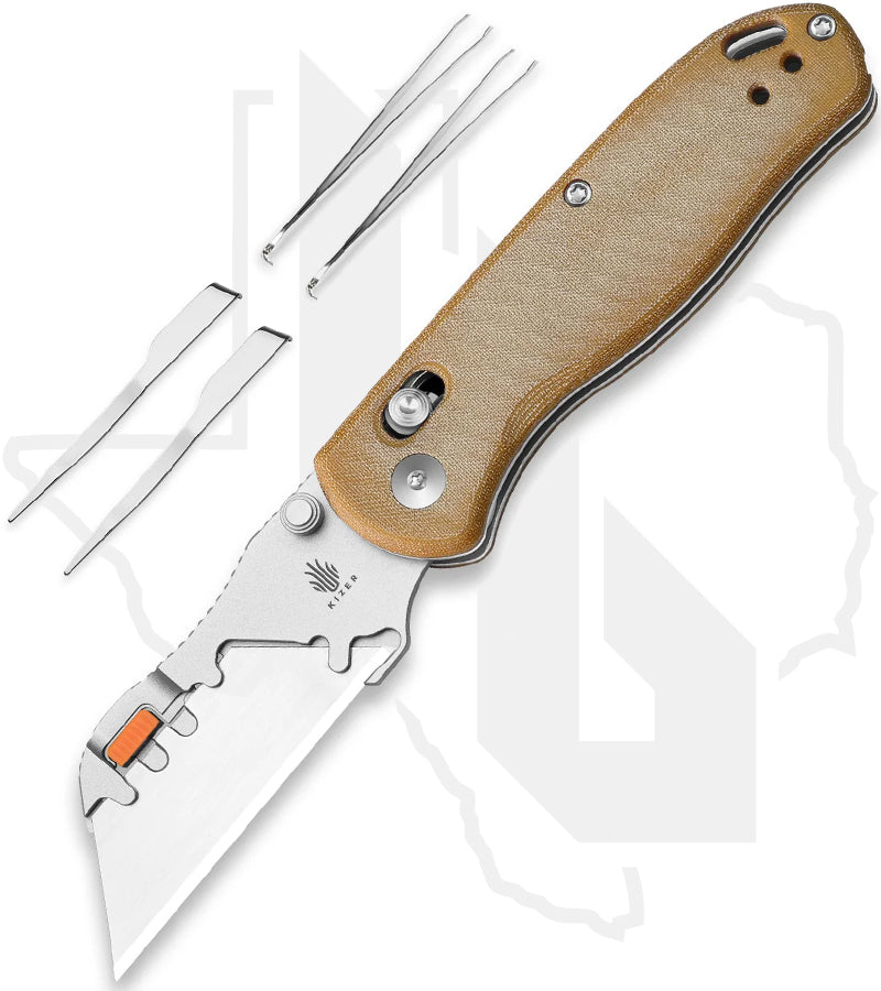 Kizer Uti Bear 2 V3619JA7 - Brown Micarta, Bead-Blasted